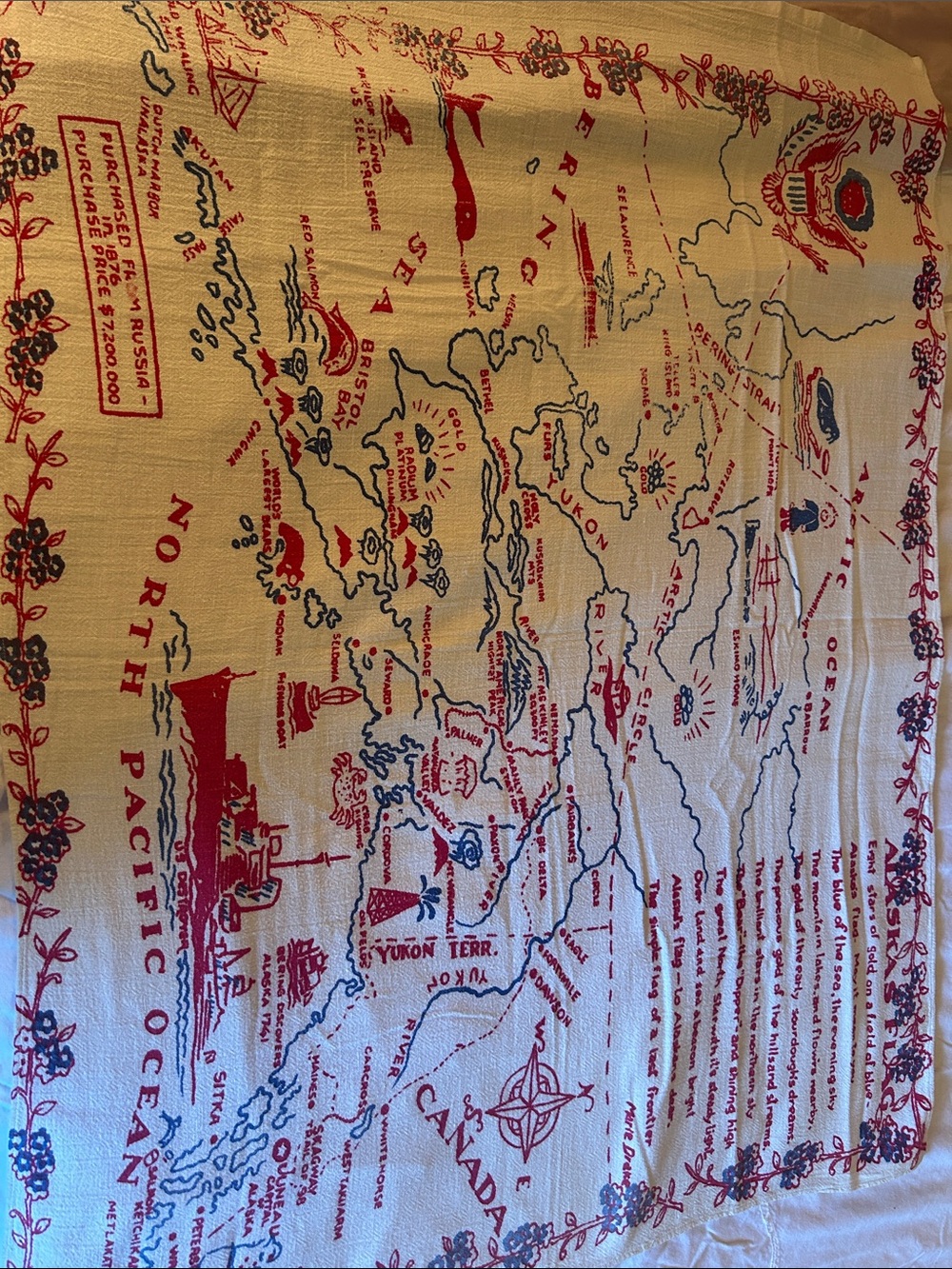 Vintage Red and Blue Nautical Map of Alaska as Tapestry or Tablecloth